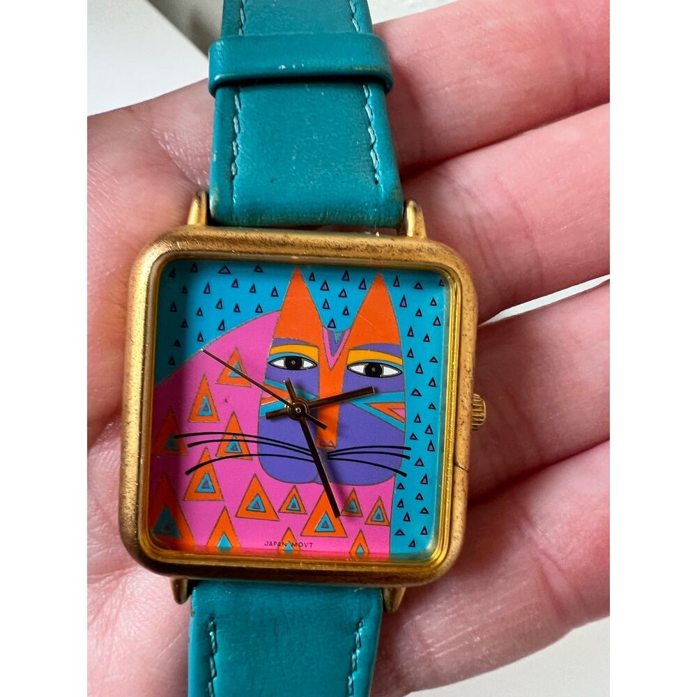 Rare Vintage Laurel Burch Wild Cat Watch Teal Strap Brushed Gold Case